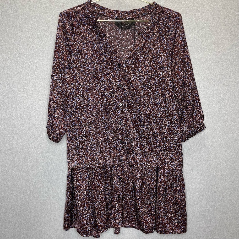 Code x Mode Drop Waist Button Front Ruffle Skirt Satin V Neck Dress